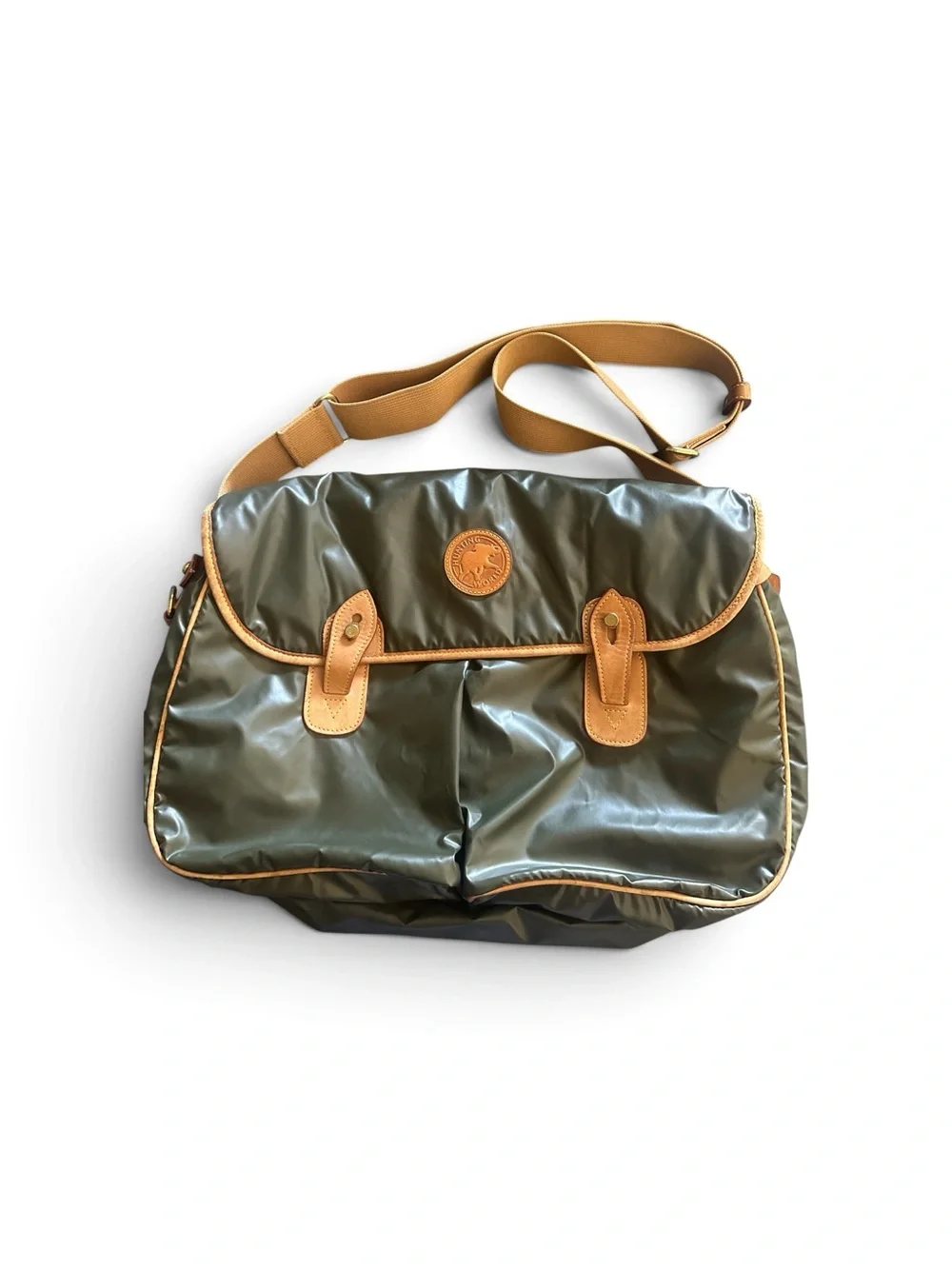 Hunting World Olive Green Nylon Messenger Bag with Tan Leather Trim